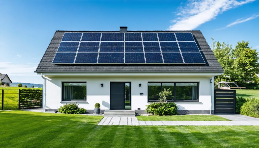 Residential home with solar panel installation on rooftop against blue sky