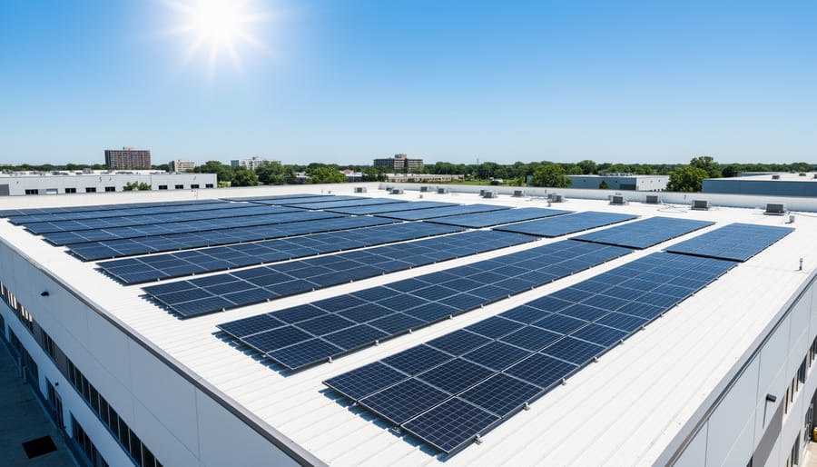 Commercial building rooftop covered with solar panels under golden hour sunlight.