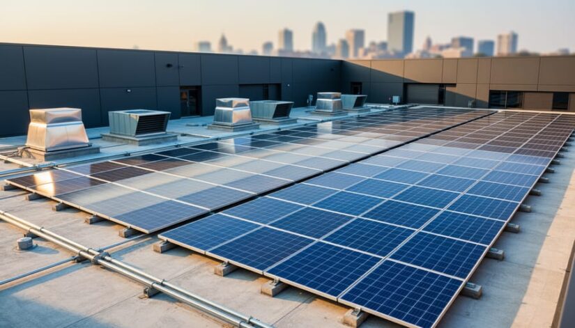 “Solar panels installed on a commercial building rooftop under bright sunlight.”