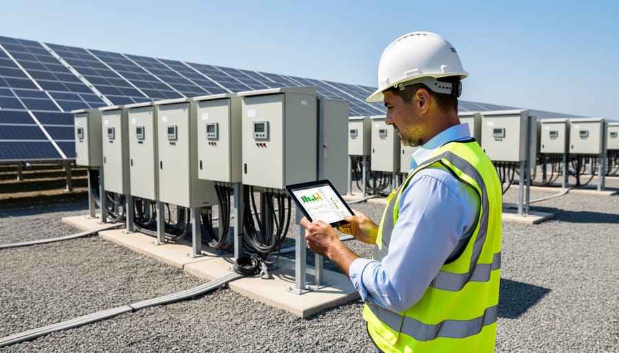 Business owner and solar inverter cabinet beside a commercial solar panel installation.