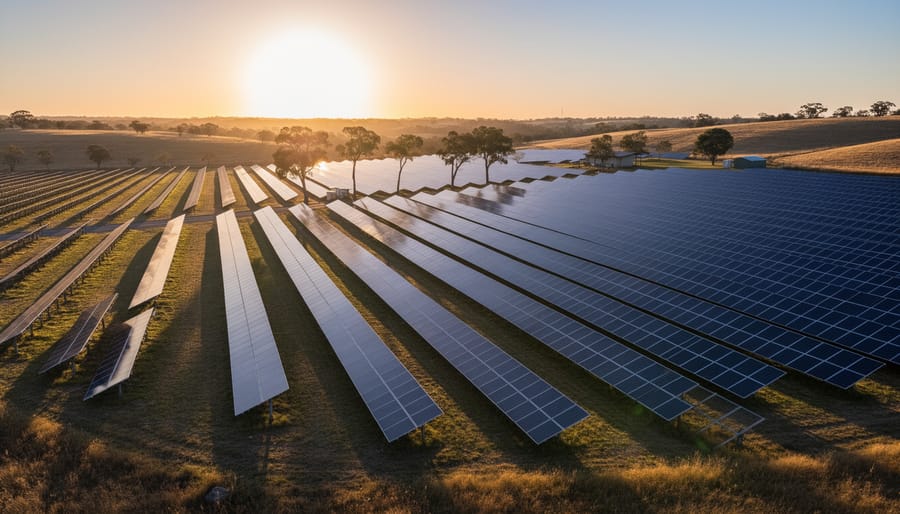 Ground-mounted solar panels with long shadows showing changing sun exposure.
