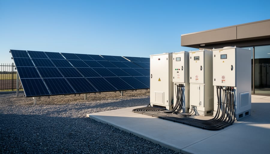 Battery storage enclosure positioned near a commercial solar array