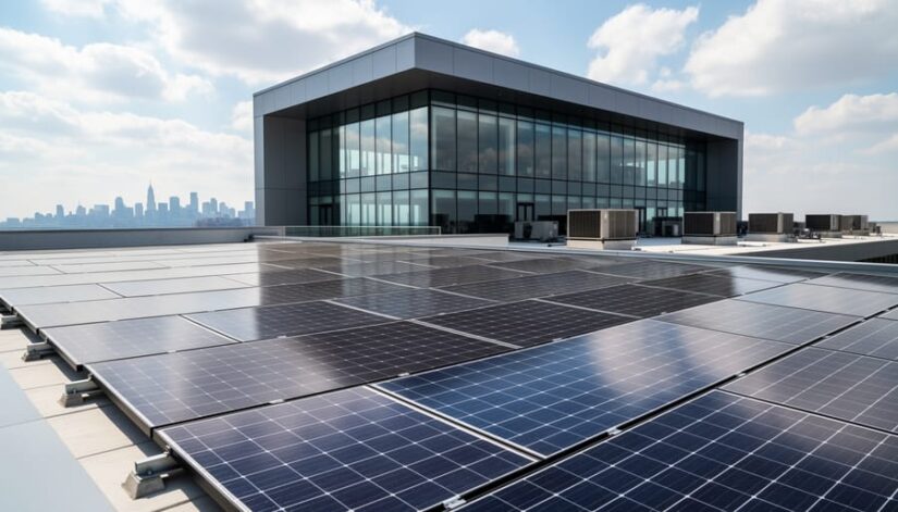 Solar panels installed on the rooftop of a modern commercial building generating electricity for business power needs.
