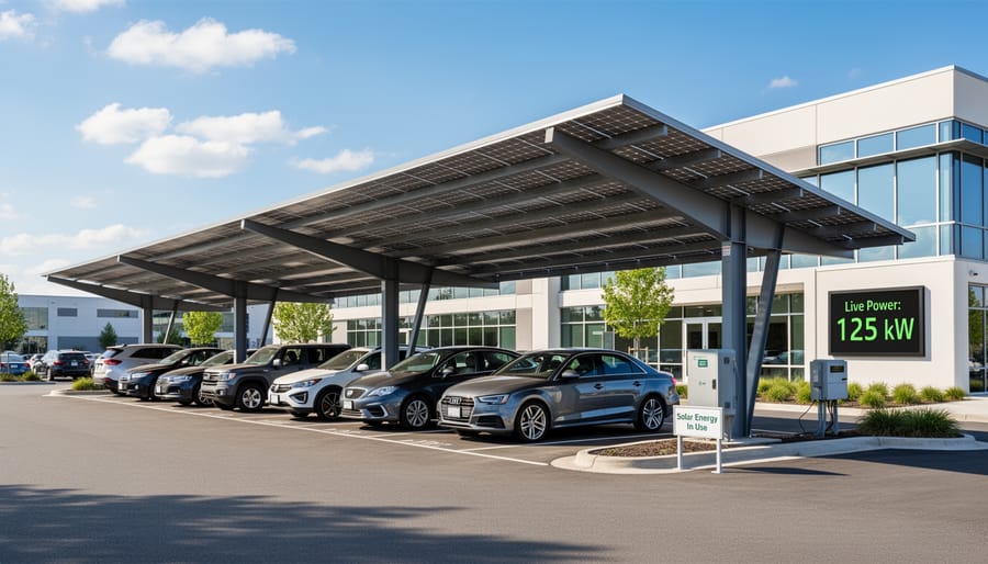 Commercial solar carport installation over a parking lot during dusk