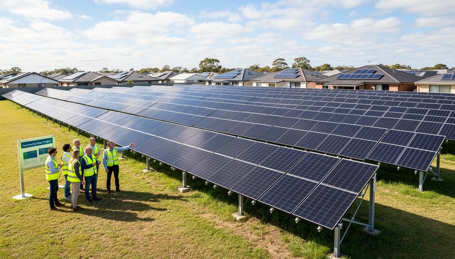 Ground-mounted solar panel array across an open rural landscape at golden hour