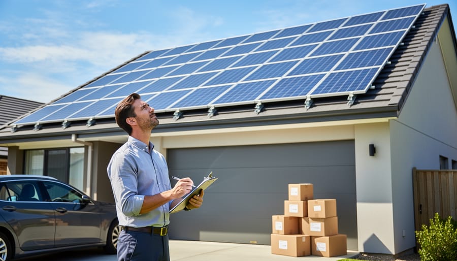 Homeowner standing beside a rooftop solar panel system in daylight