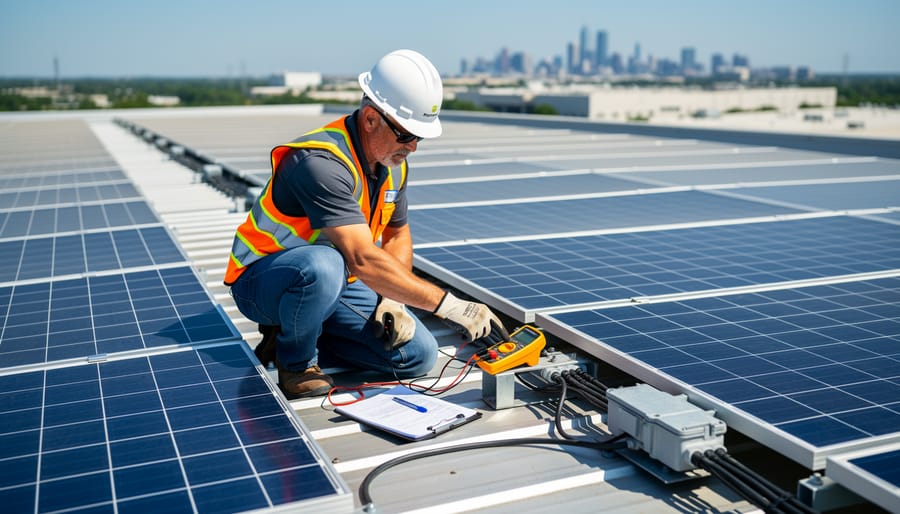 Maintenance worker inspecting commercial solar inverter and electrical equipment