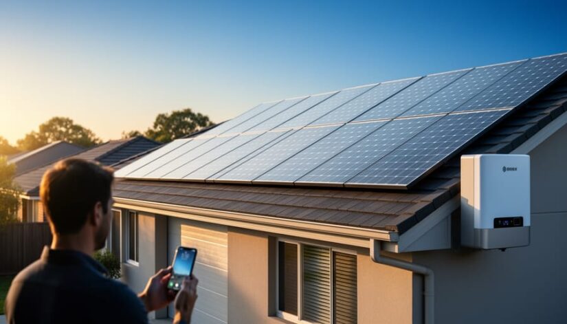 Rooftop solar panel system on a modern home with a nearby battery storage unit during golden hour, with a homeowner in the foreground holding a phone.