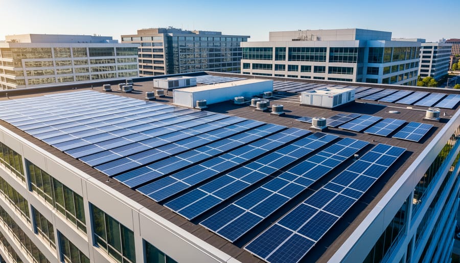 Rooftop solar panels installed on a modern commercial office building