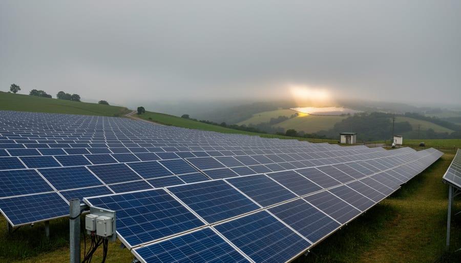 Solar panels on a roof under an overcast sky with raindrop streaks