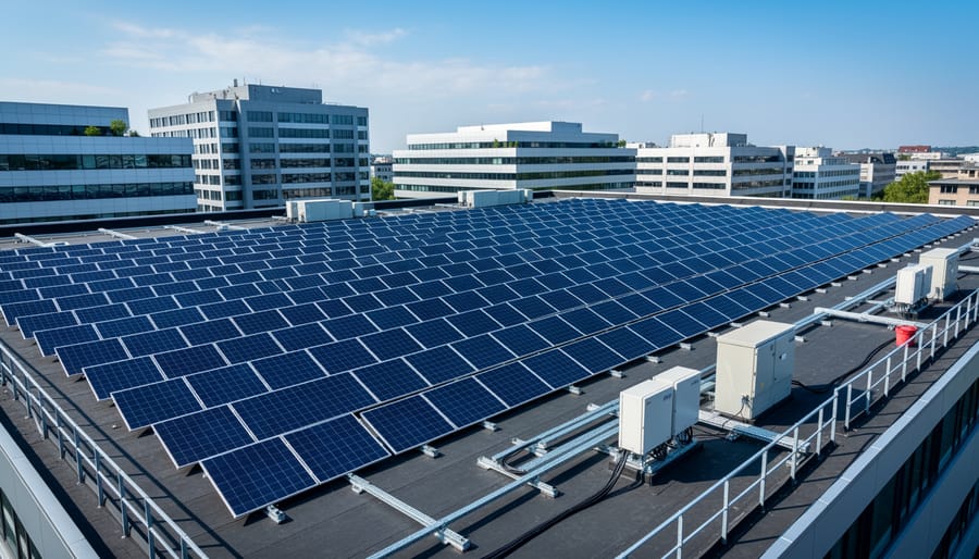 Solar panels installed on a commercial building rooftop under morning sunlight