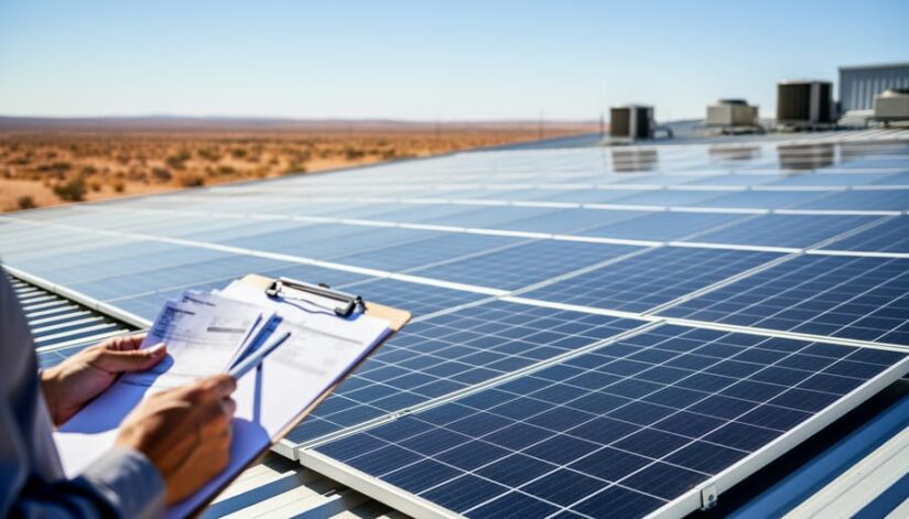 A commercial warehouse roof with solar panels in bright sunlight, with a person holding solar planning documents in the foreground.