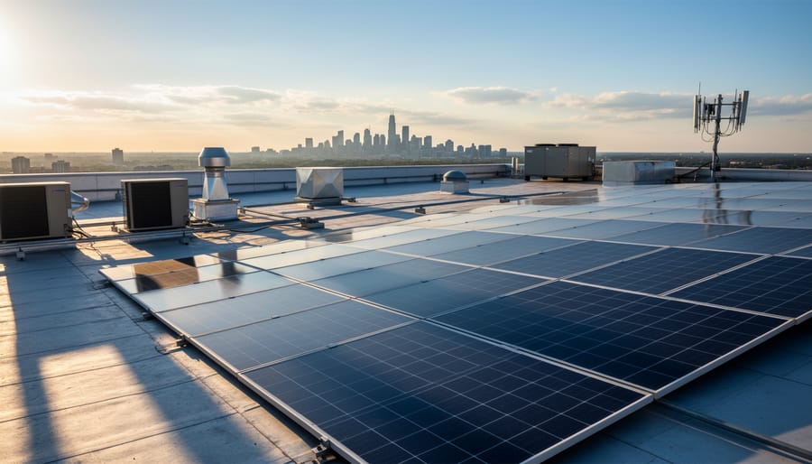 Sunlight and shadows cast by rooftop HVAC equipment on a commercial roof