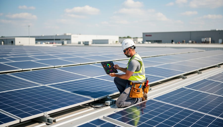 Maintenance technician inspecting a commercial solar panel array under bright overcast daylight.