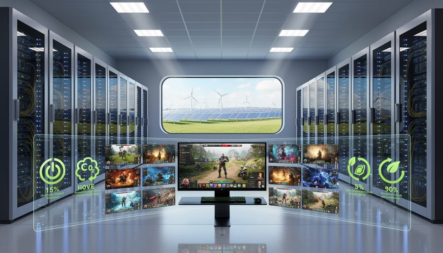 A modern data center aisle with server racks and soft indicator lights, photographed without visible text.