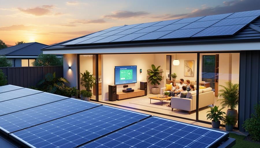 Solar panels installed on a residential rooftop under golden hour sunlight.
