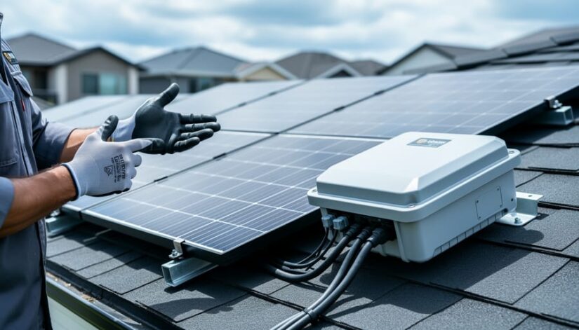 “Close-up of solar panels on a residential roof with a contractor’s gloved hands indicating the properly mounted inverter and mounting hardware.”