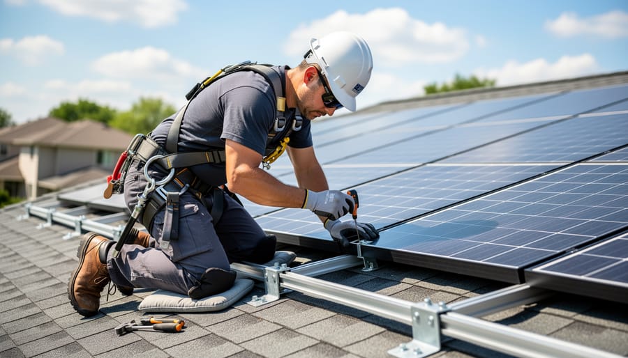 Solar installer tightening a rooftop mounting bracket next to aligned solar panels in soft daylight.