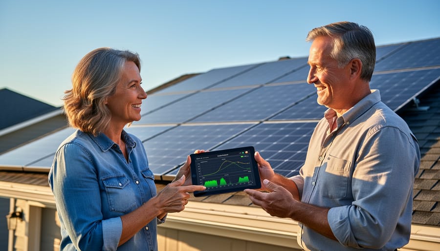 Homeowner and solar service representative talking beside a solar panel installation at golden hour.