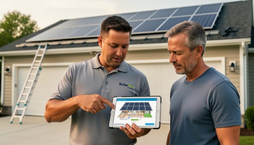 A solar contractor consults a homeowner during a solar installation, with rooftop solar panels visible in the background and an open tablet used to explain the system.