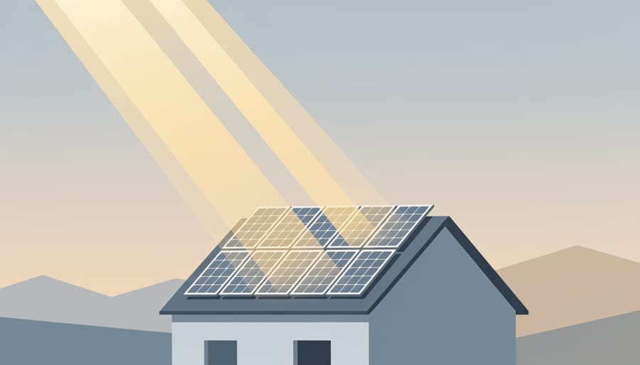 Home rooftop with solar panels reflecting early morning sunlight in a clean residential setting.
