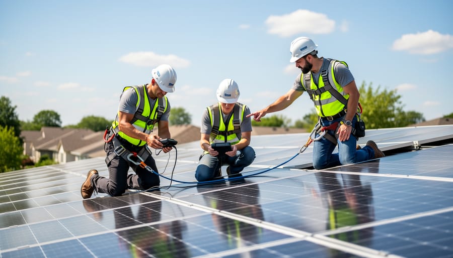 Solar installation team inspecting rooftop solar panels during a professional site inspection.